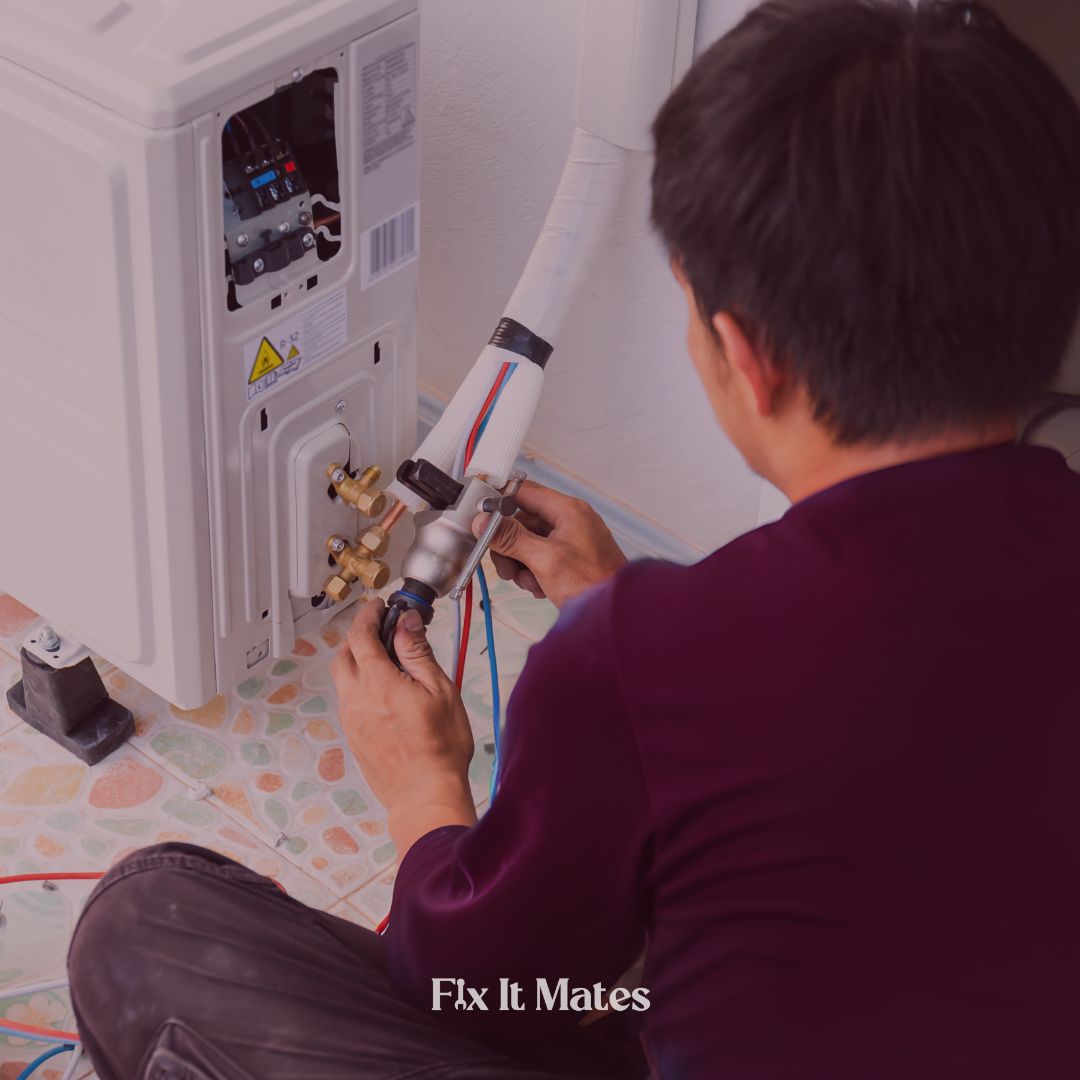 Fix It Mates electrician repairing an air conditioning unit, ensuring optimal cooling performance by addressing electrical issues and maintaining system efficiency.