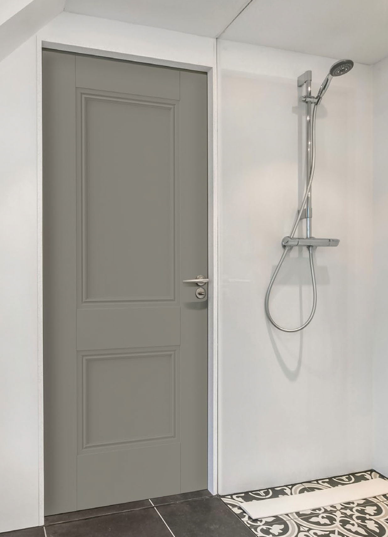 A custom bathroom door crafted by Fix It Mates, featuring a sleek design with a polished wooden finish, sturdy construction, and modern hardware, designed to complement a stylish and functional bathroom setting.
